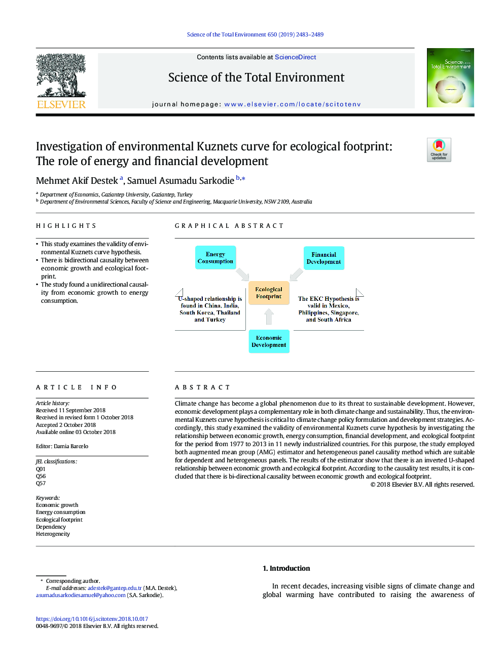 Investigation of environmental Kuznets curve for ecological footprint: The role of energy and financial development