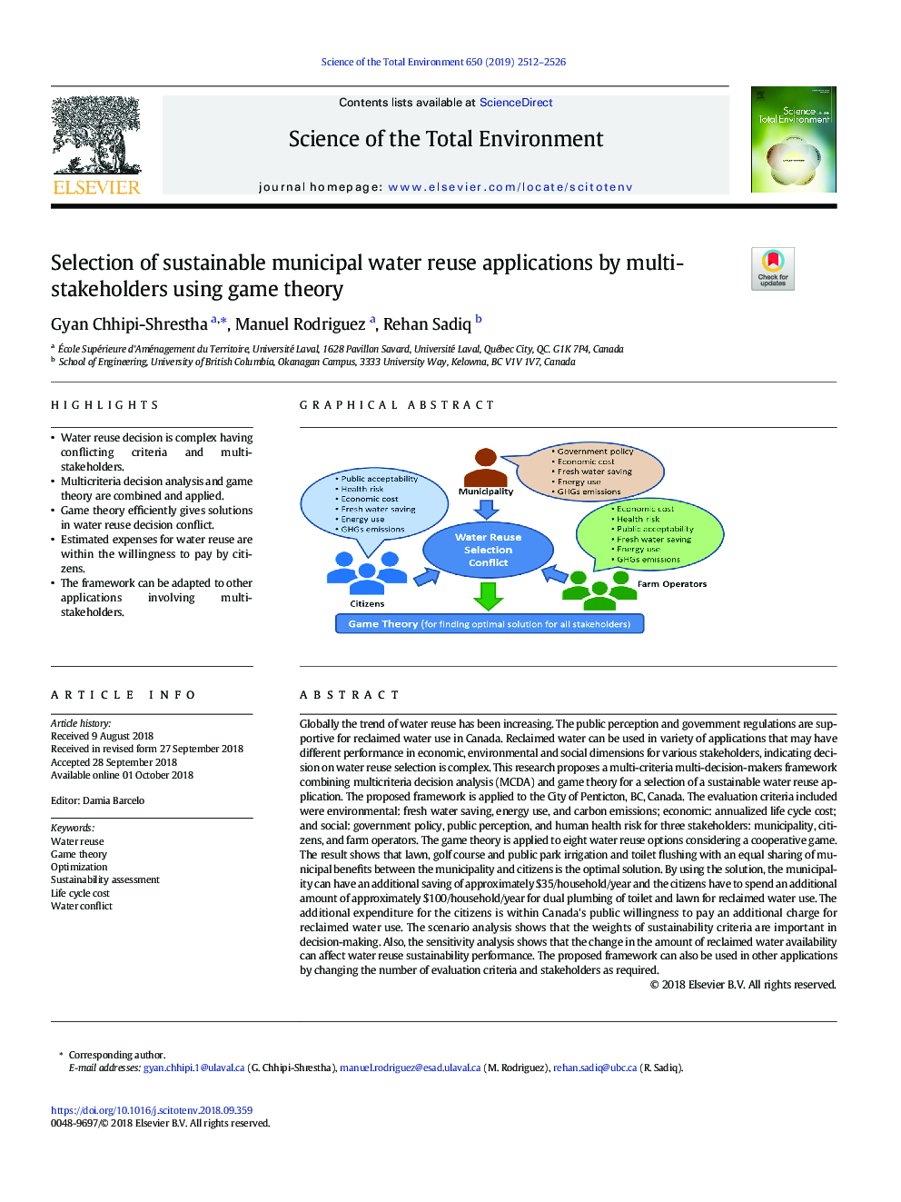 Selection of sustainable municipal water reuse applications by multi-stakeholders using game theory