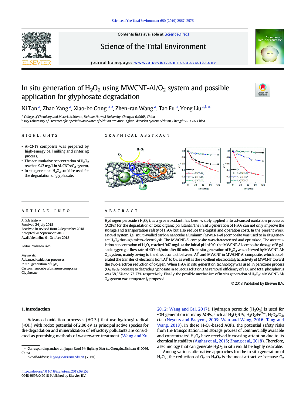 In situ generation of H2O2 using MWCNT-Al/O2 system and possible application for glyphosate degradation