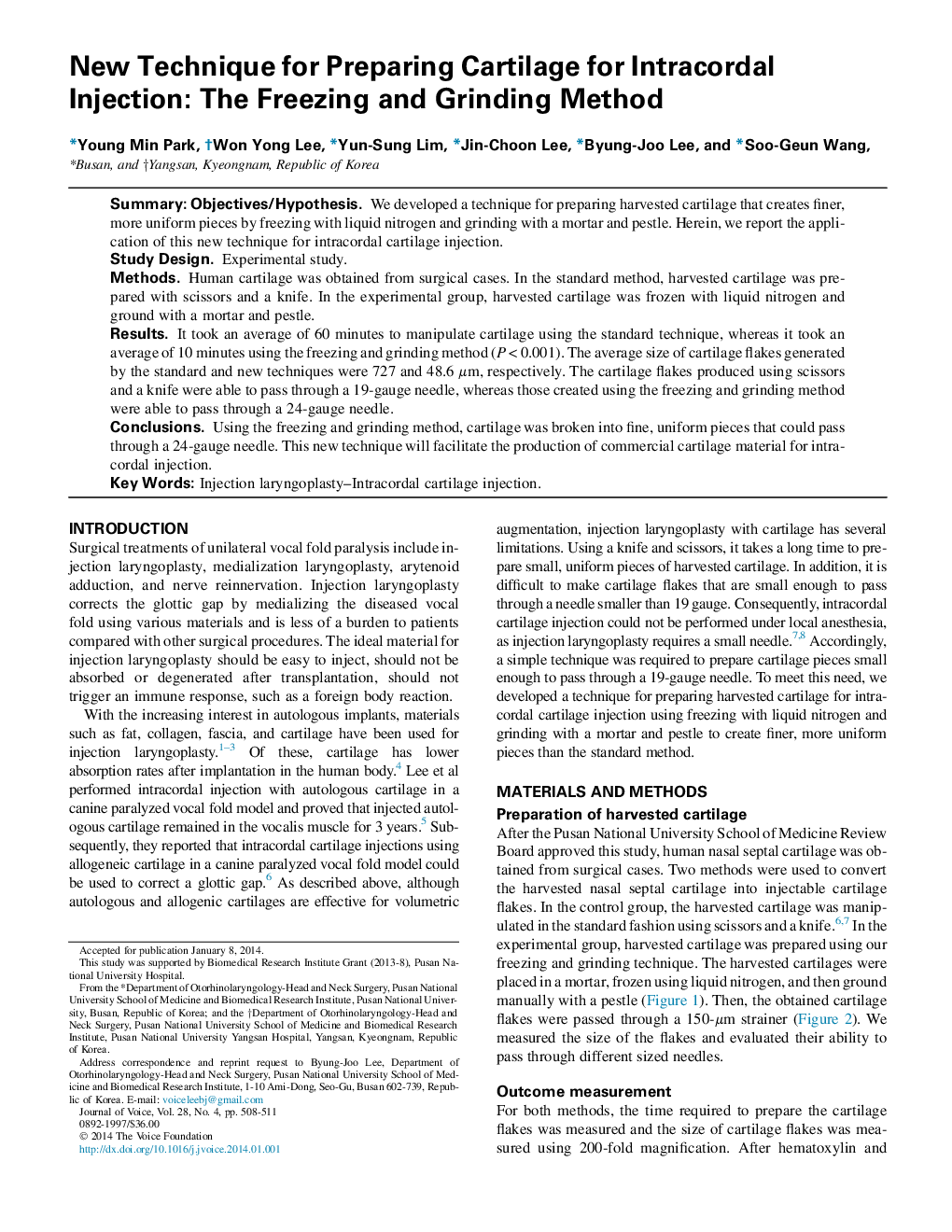 New Technique for Preparing Cartilage for Intracordal Injection: The Freezing and Grinding Method 