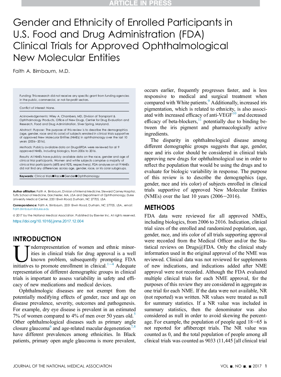 Gender and Ethnicity of Enrolled Participants in U.S. Food and Drug Administration (FDA) Clinical Trials for Approved Ophthalmological New Molecular Entities