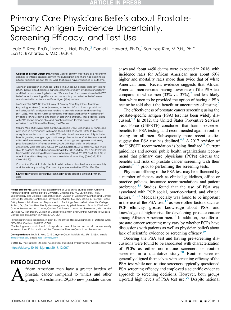 اعتقاد پزشکان مراقبت های اولیه درباره عدم قطعیت شواهد ضد انگل خاص پروستات، اثربخشی غربالگری و استفاده از تست