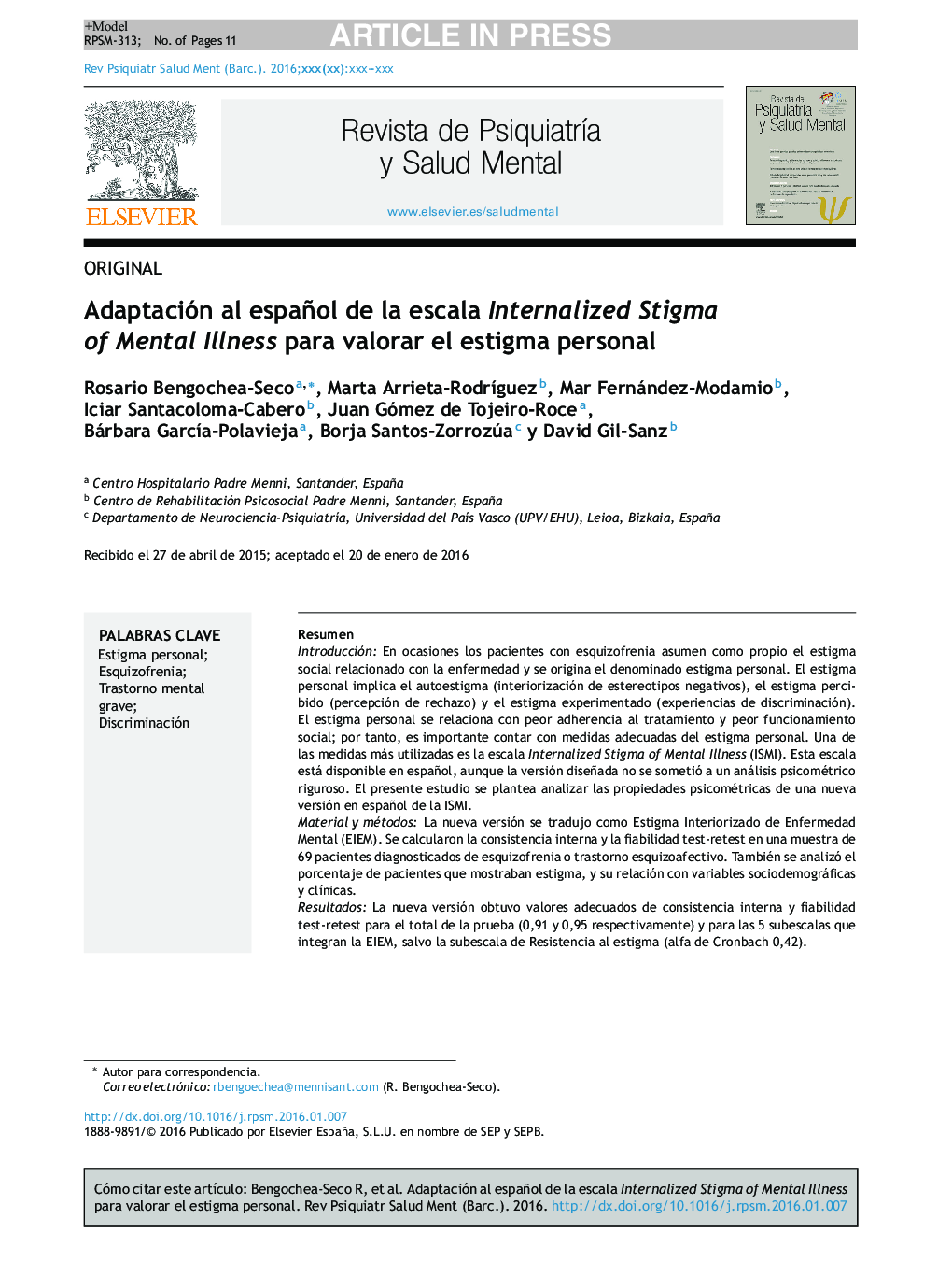 Adaptación al español de la escala Internalized Stigma of Mental Illness para valorar el estigma personal