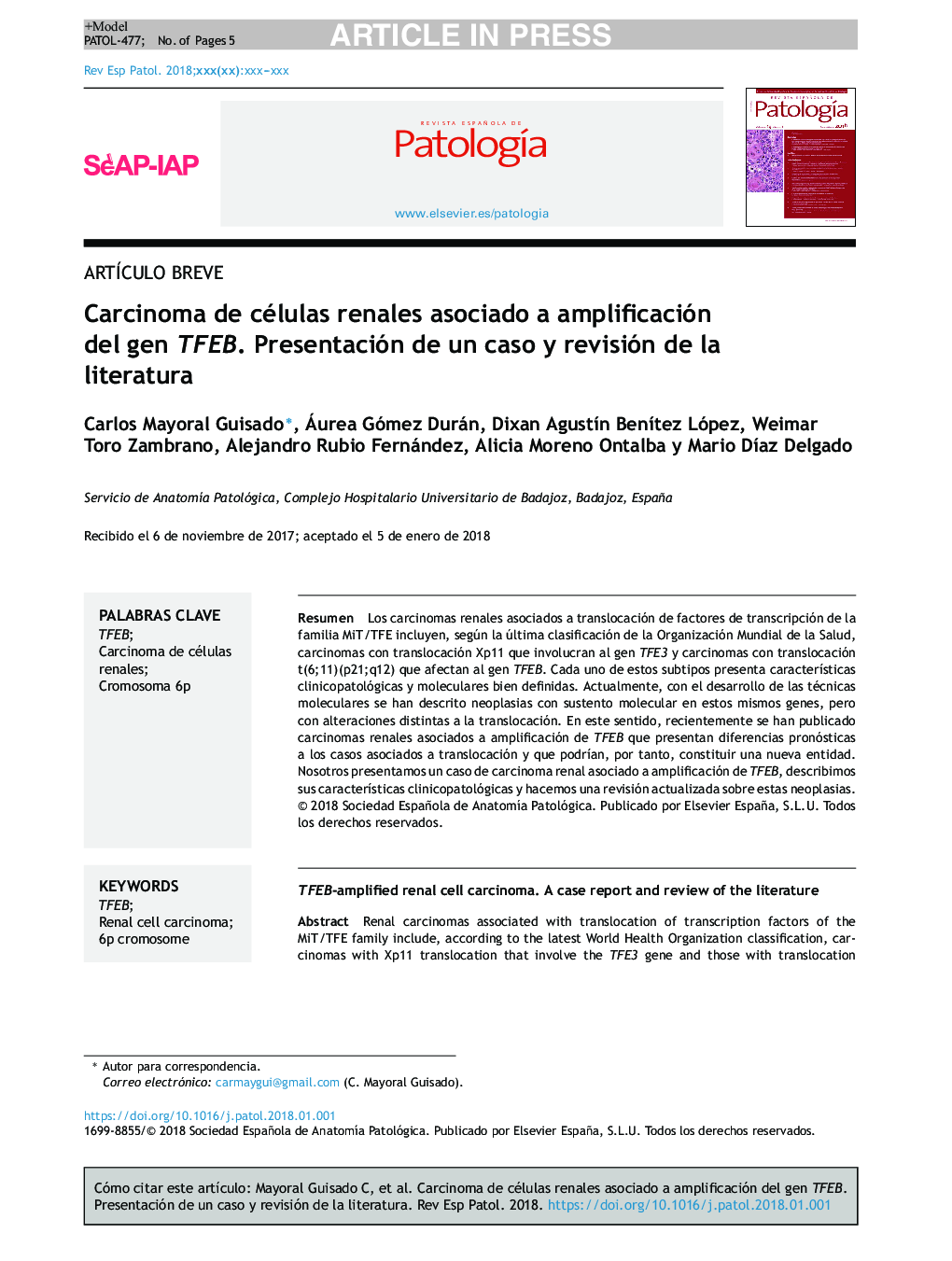 Carcinoma de células renales asociado a amplificación del gen TFEB. Presentación de un caso y revisión de la literatura