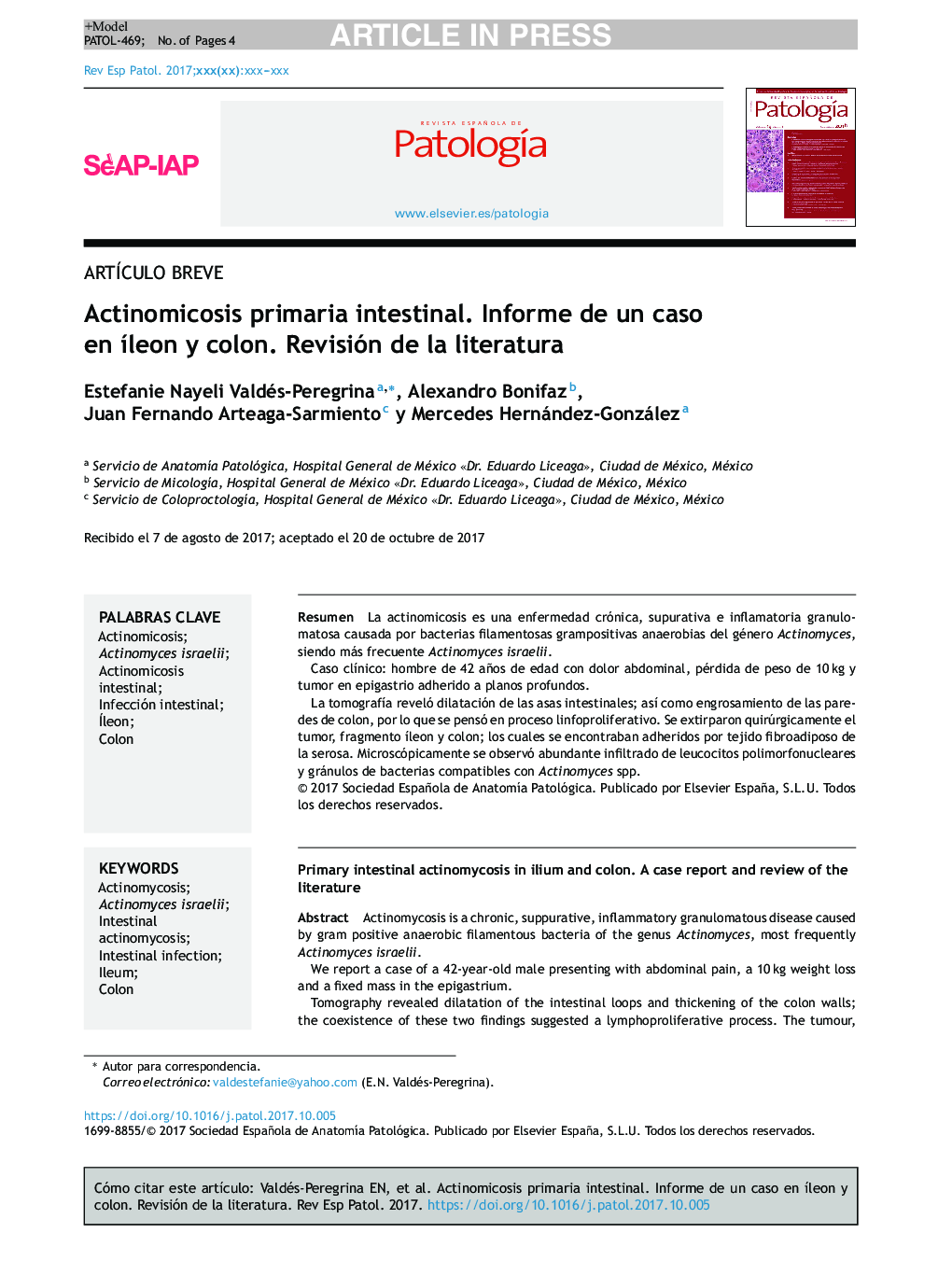 Actinomicosis primaria intestinal. Informe de un caso en Ã­leon y colon. Revisión de la literatura