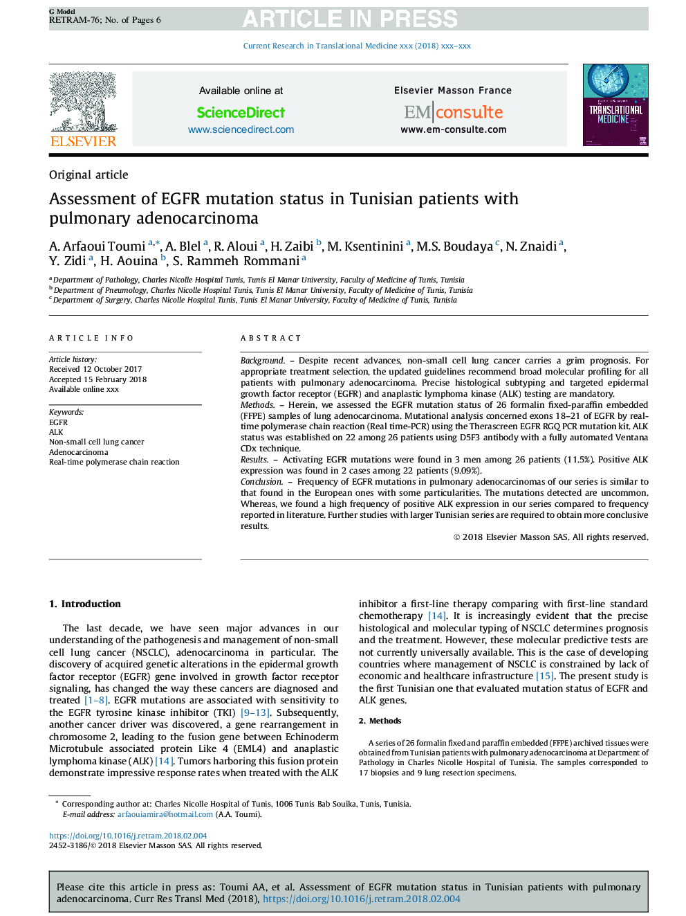 Assessment of EGFR mutation status in Tunisian patients with pulmonary adenocarcinoma