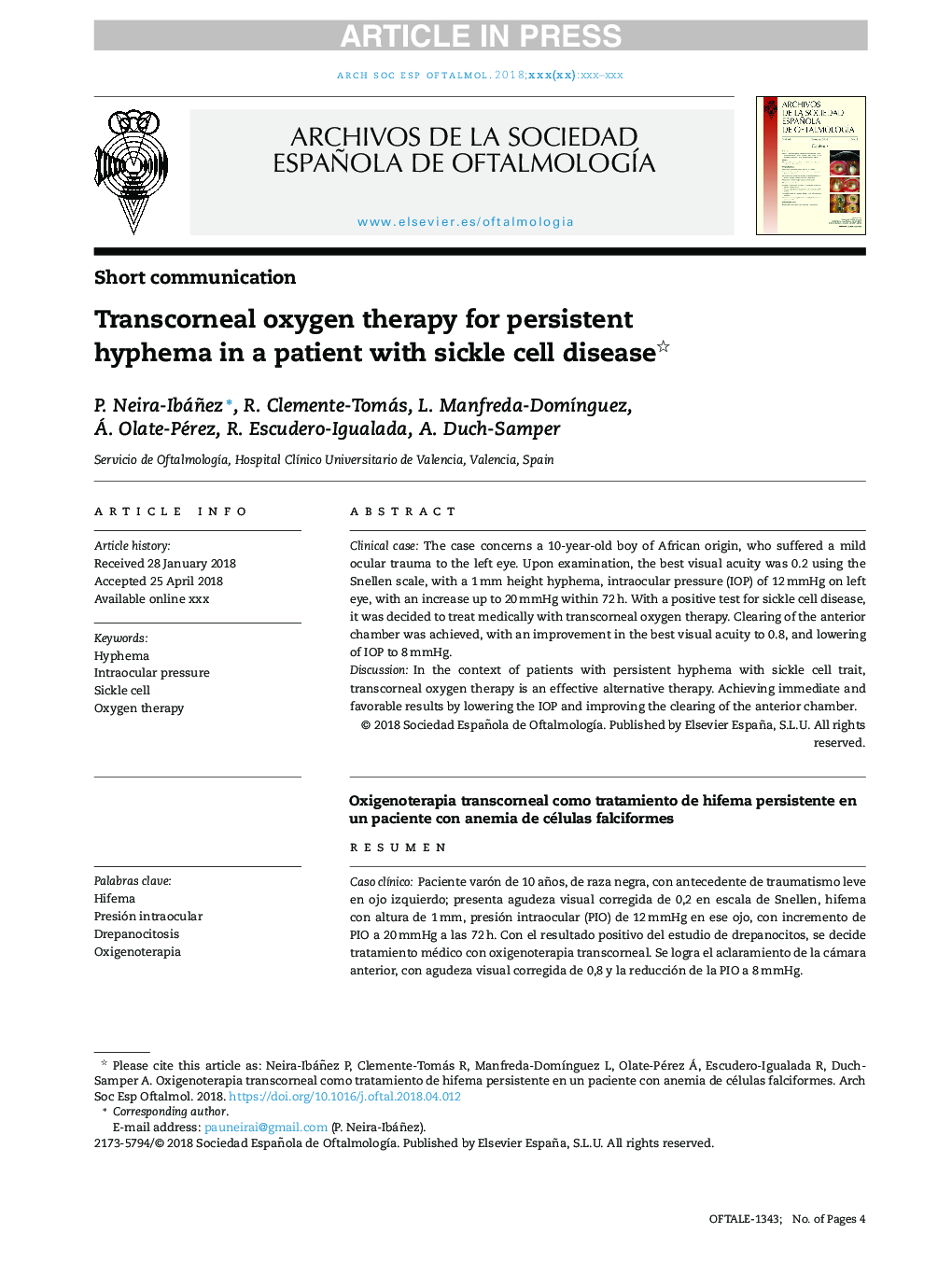 Transcorneal oxygen therapy for persistent hyphema in a patient with sickle cell disease