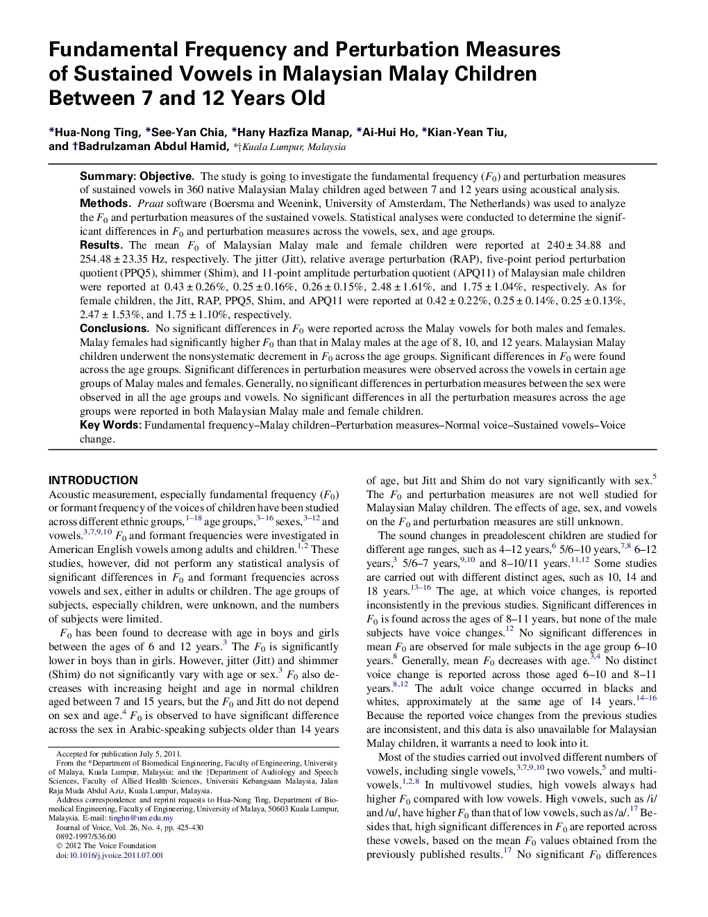 Fundamental Frequency and Perturbation Measures of Sustained Vowels in Malaysian Malay Children Between 7 and 12 Years Old