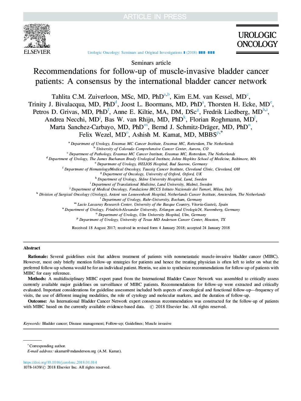 توصیه هایی برای پیگیری بیماران مبتلا به سرطان مثانه عضلانی: توافق توسط شبکه بین المللی سرطان مثانه