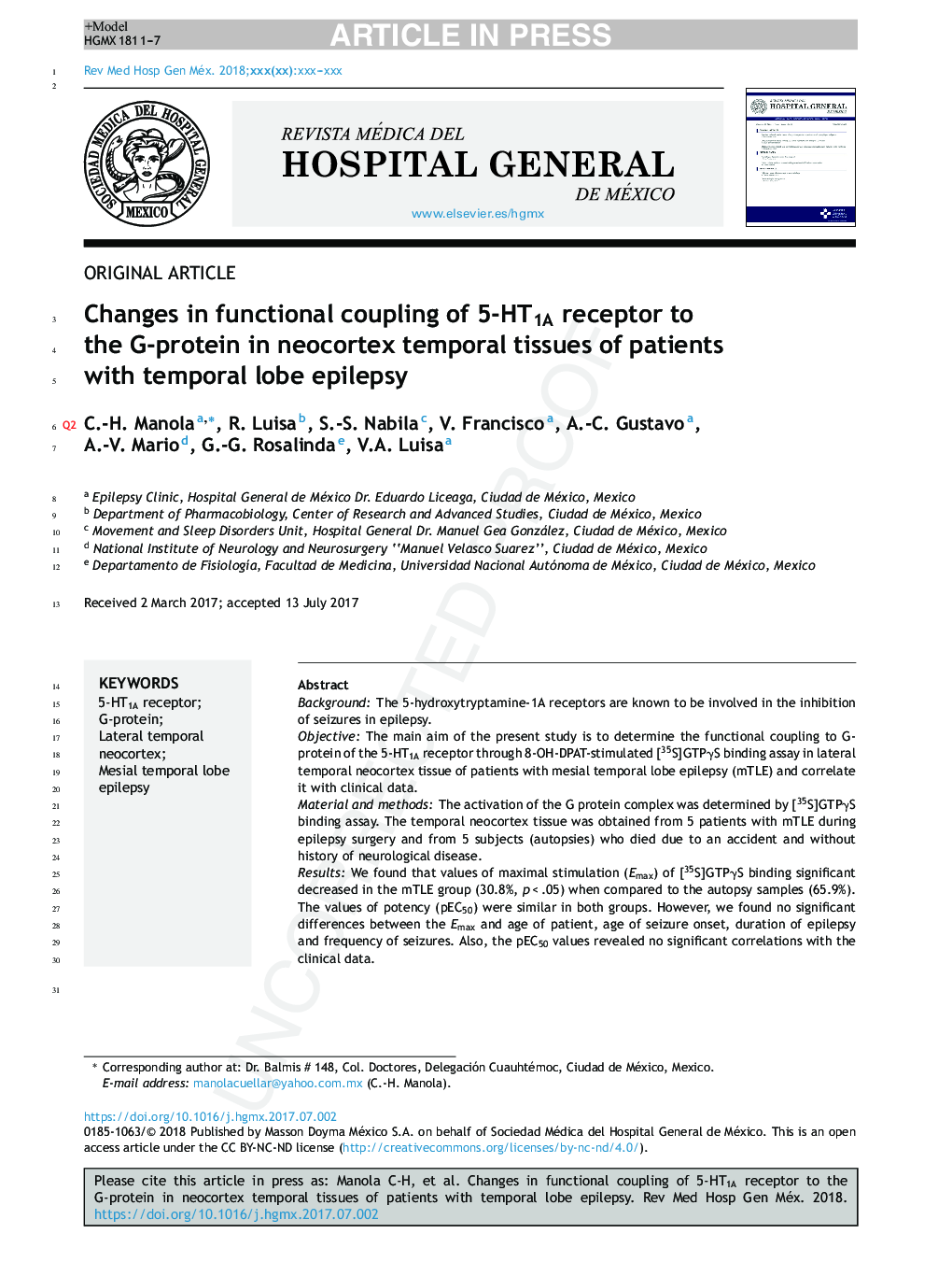 Changes in functional coupling of 5-HT1A receptor to the G-protein in neocortex temporal tissues of patients with temporal lobe epilepsy