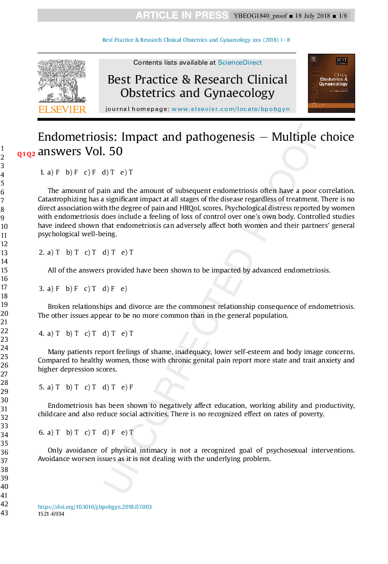 Endometriosis: Impact and pathogenesis - Multiple choice answers Vol. 50