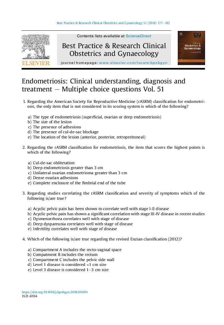 Endometriosis: Clinical understanding, diagnosis and treatment - Multiple choice questions Vol. 51