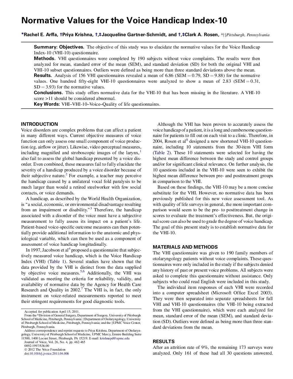 Normative Values for the Voice Handicap Index-10