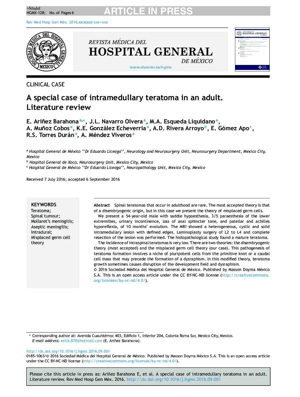 A special case of intramedullary teratoma in an adult. Literature review