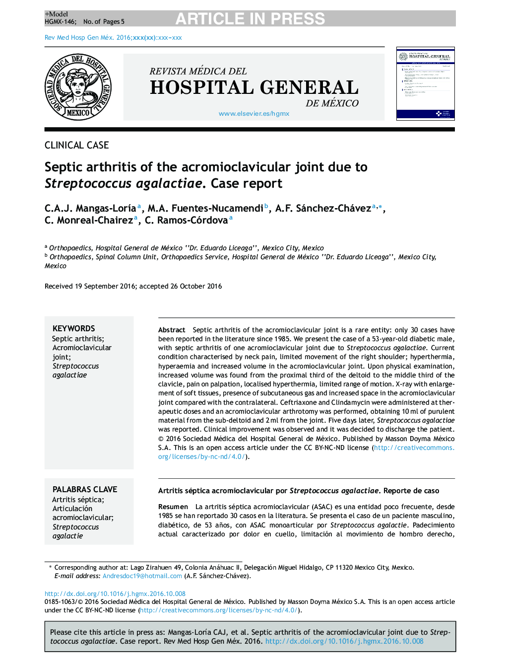 Septic arthritis of the acromioclavicular joint due to Streptococcus agalactiae. Case report