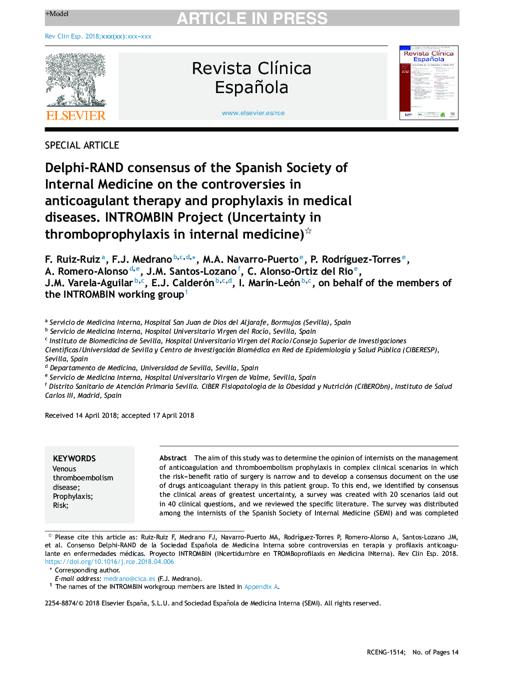Delphi-RAND consensus of the Spanish Society of Internal Medicine on the controversies in anticoagulant therapy and prophylaxis in medical diseases. INTROMBIN Project (Uncertainty in thromboprophylaxis in internal medicine)