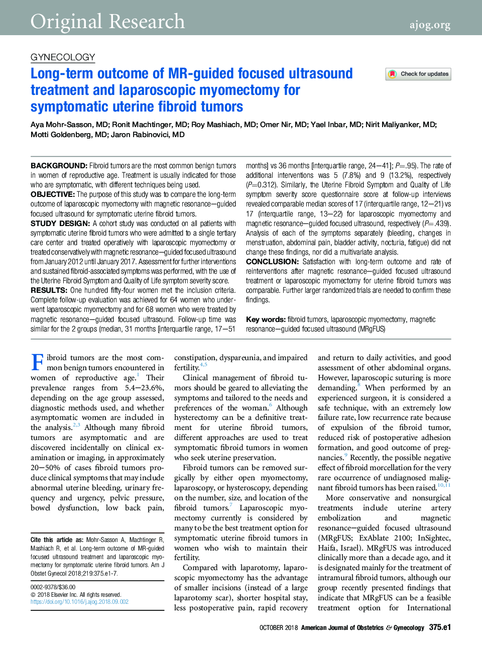 Long-term outcome of MR-guided focused ultrasound treatment and laparoscopic myomectomy for symptomatic uterine fibroid tumors