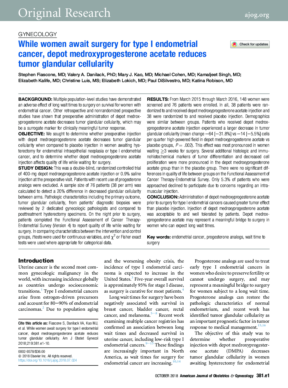 While women await surgery for type I endometrial cancer, depot medroxyprogesterone acetate reduces tumor glandular cellularity