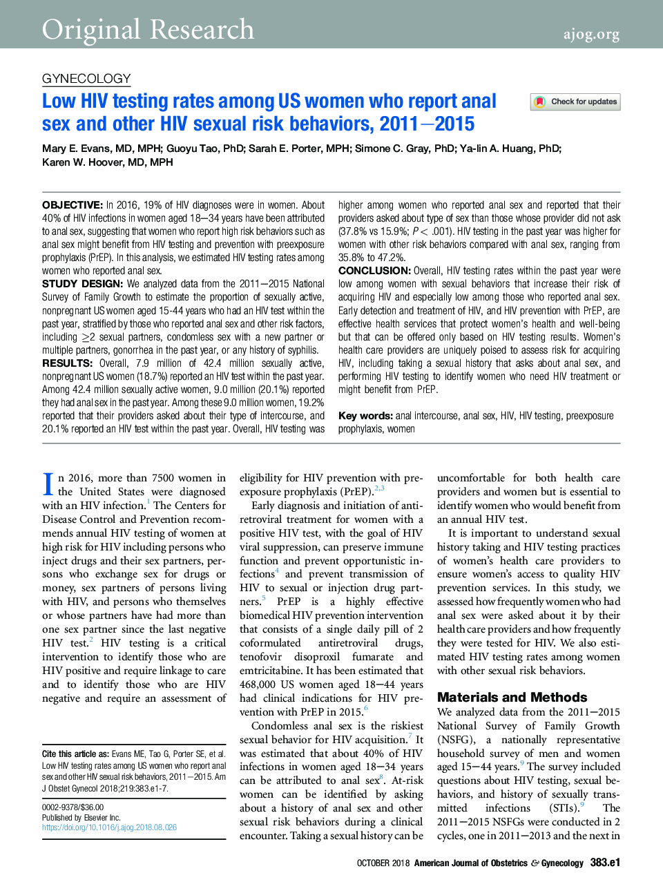 Low HIV testing rates among US women who report anal sex and other HIV sexual risk behaviors, 2011-2015