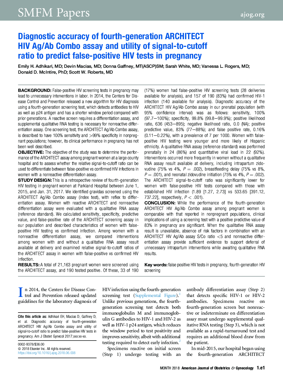 Diagnostic accuracy of fourth-generation ARCHITECT HIV Ag/Ab Combo assay and utility of signal-to-cutoff ratio to predict false-positive HIV tests in pregnancy