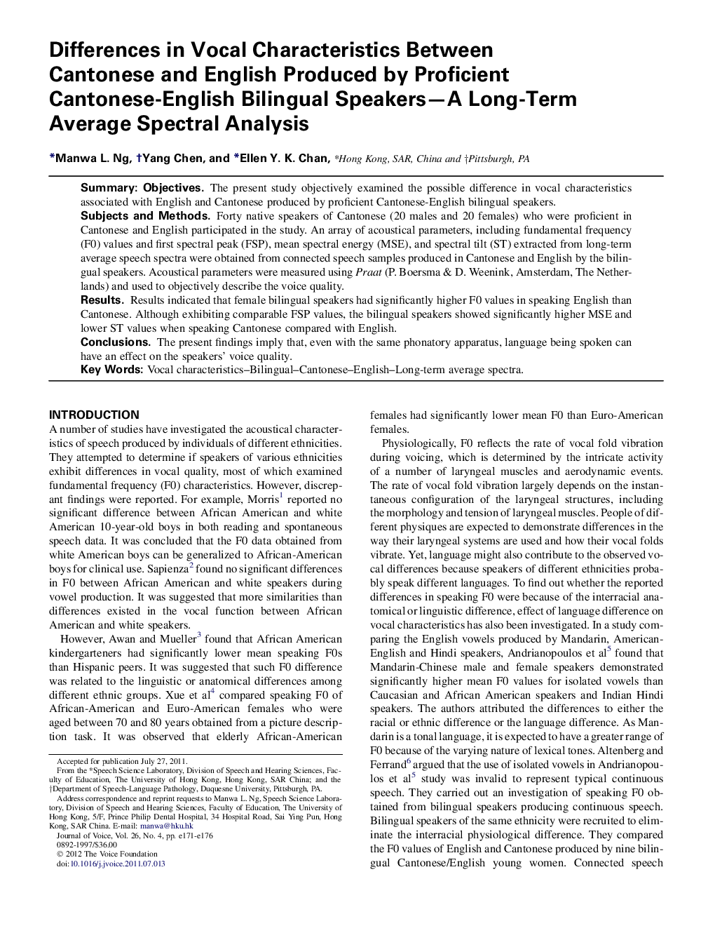 Differences in Vocal Characteristics Between Cantonese and English Produced by Proficient Cantonese-English Bilingual Speakers—A Long-Term Average Spectral Analysis