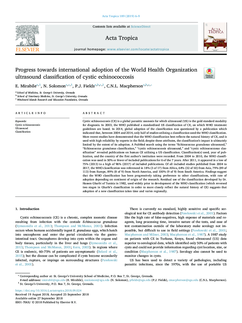 Progress towards international adoption of the World Health Organization ultrasound classification of cystic echinococcosis