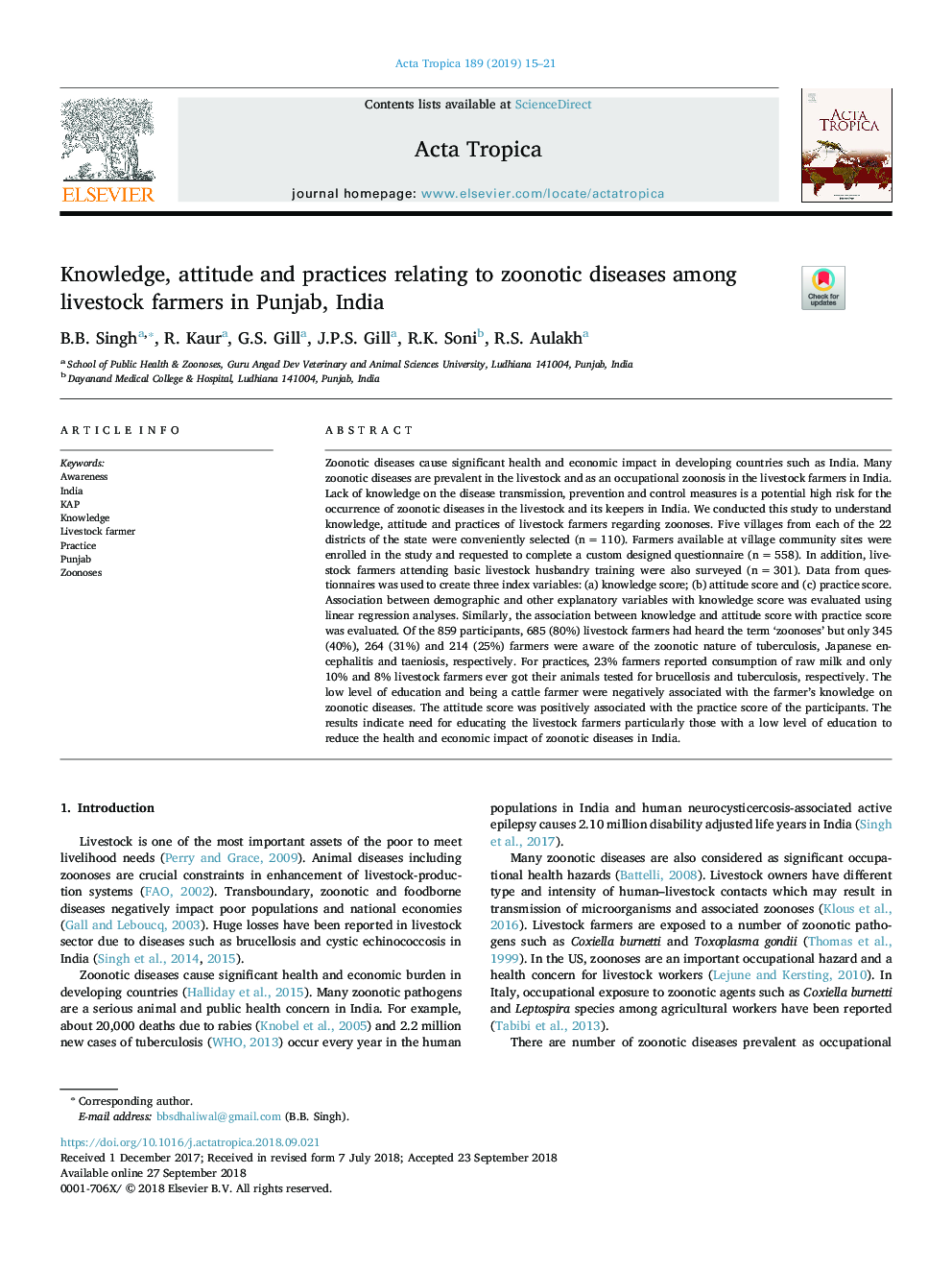 Knowledge, attitude and practices relating to zoonotic diseases among livestock farmers in Punjab, India