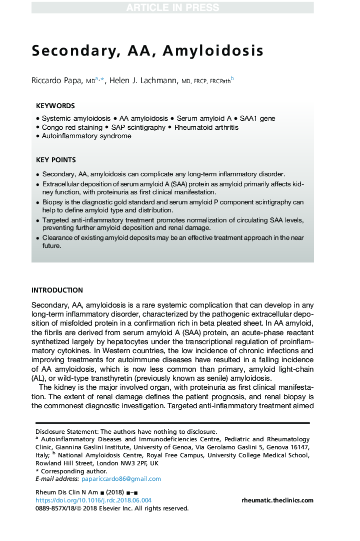 Secondary, AA, Amyloidosis