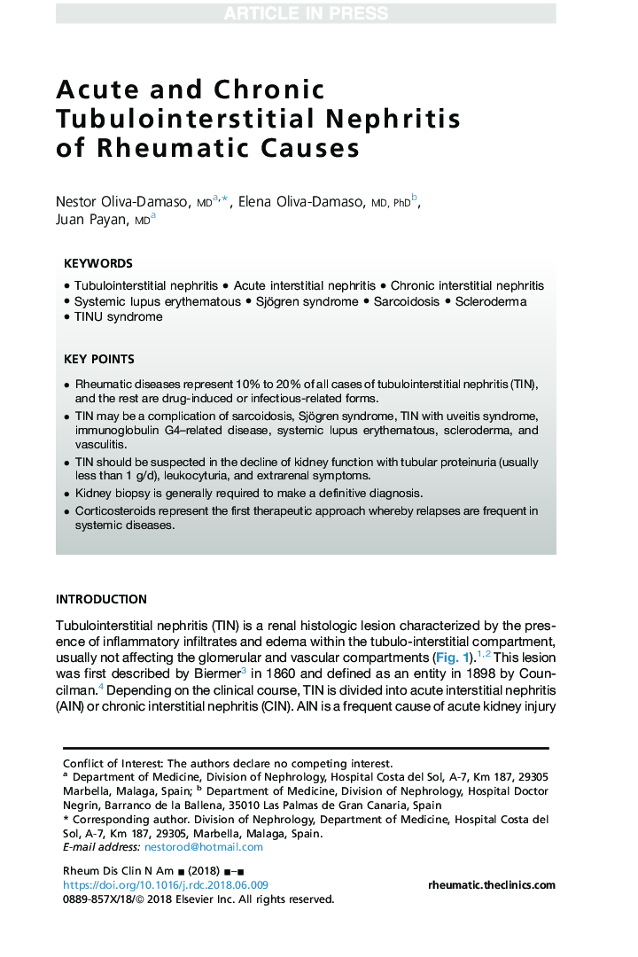 Acute and Chronic Tubulointerstitial Nephritis of Rheumatic Causes