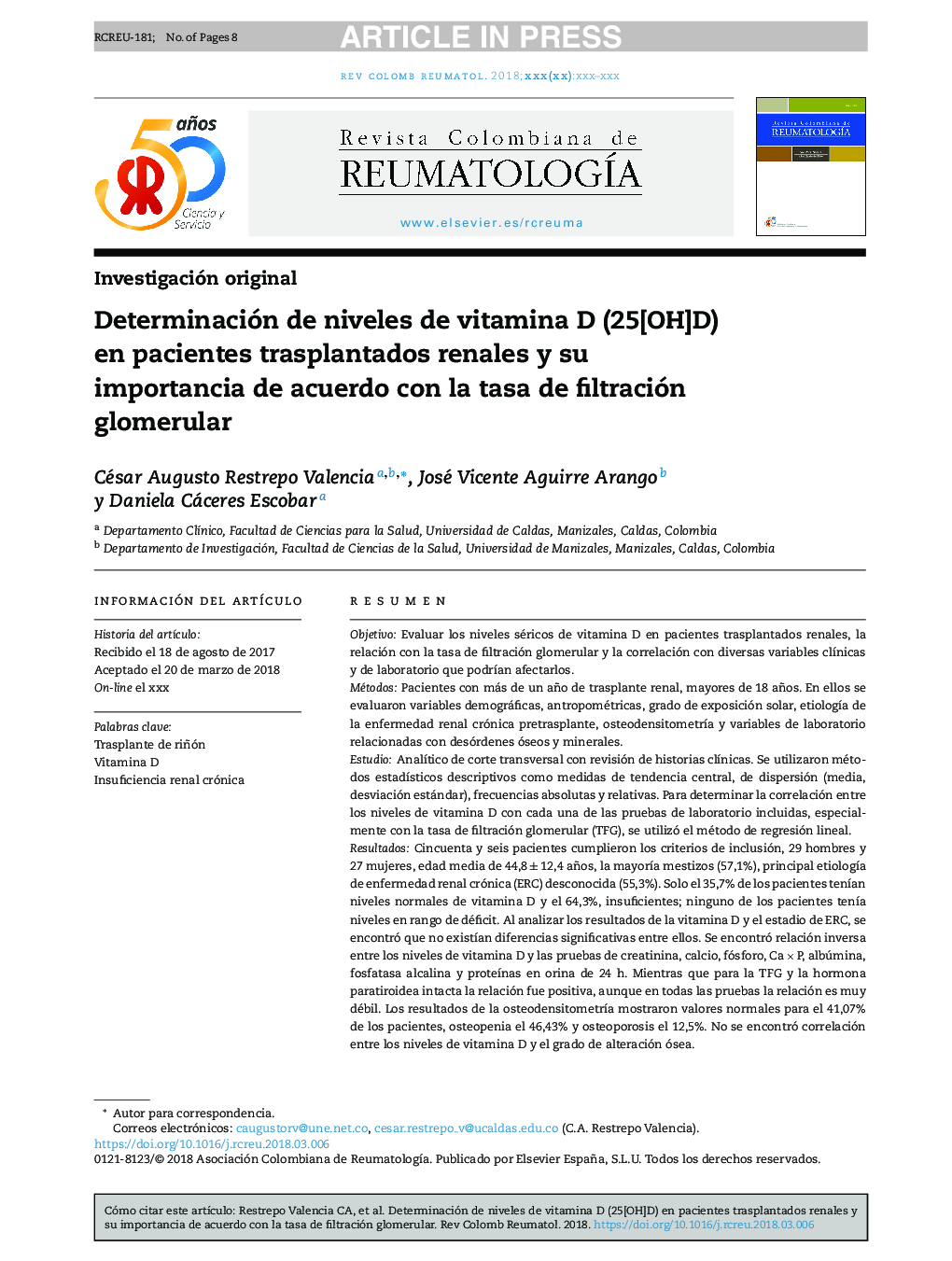 Determinación de niveles de vitamina D (25[OH]D) en pacientes trasplantados renales y su importancia de acuerdo con la tasa de filtración glomerular