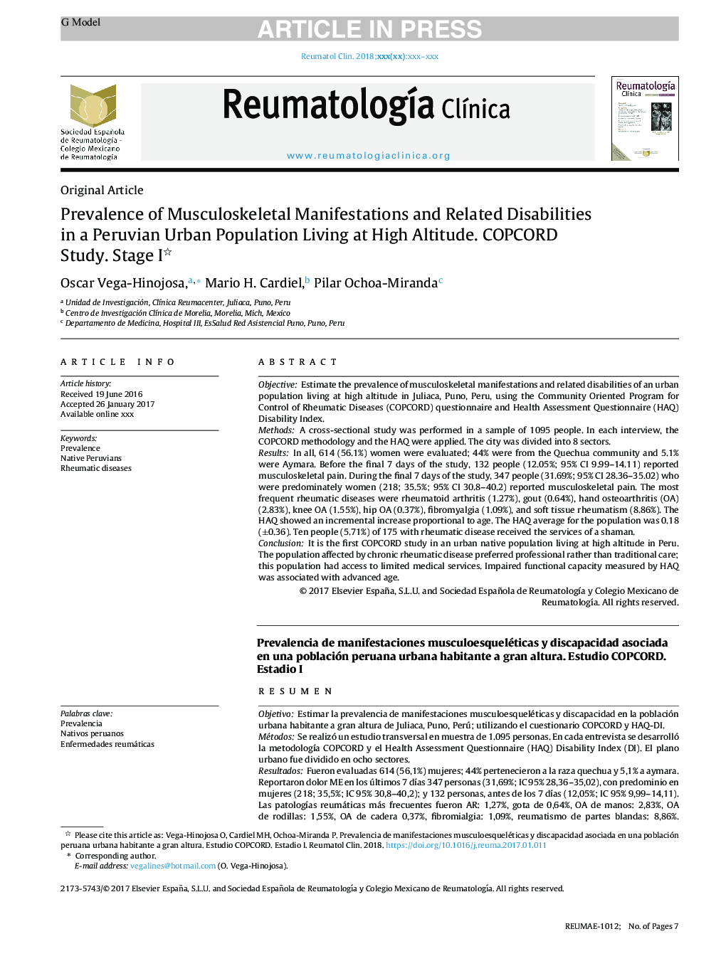 Prevalence of Musculoskeletal Manifestations and Related Disabilities in a Peruvian Urban Population Living at High Altitude. COPCORD Study. Stage I