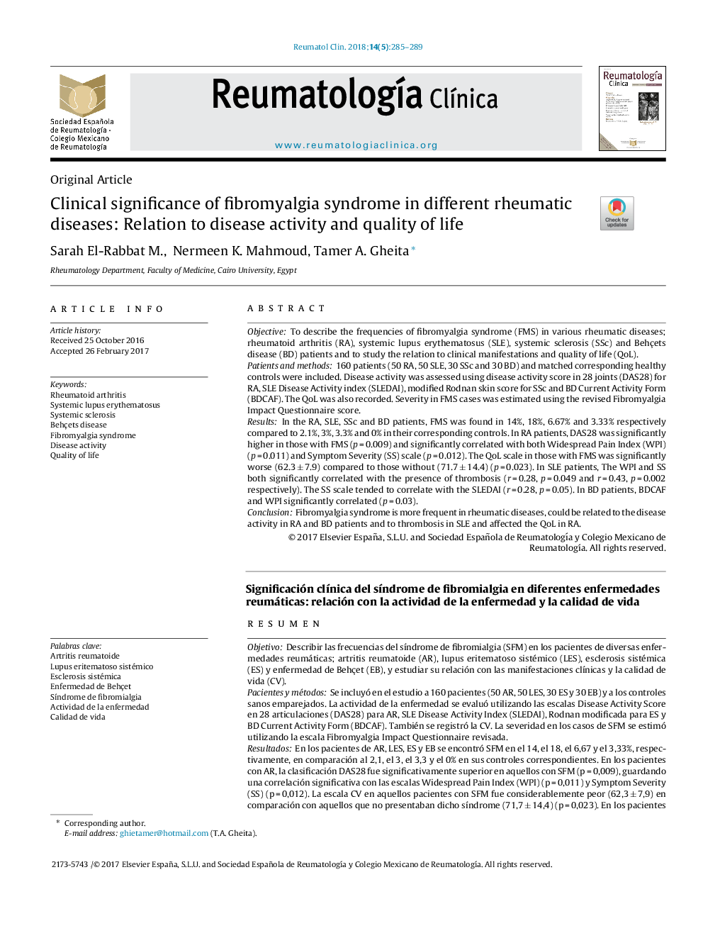 Clinical significance of fibromyalgia syndrome in different rheumatic diseases: Relation to disease activity and quality of life