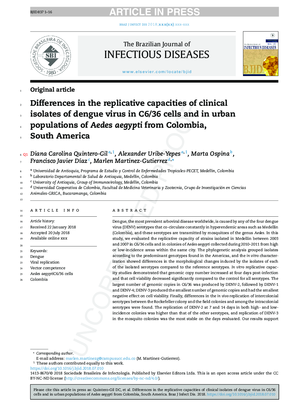 Differences in the replicative capacities of clinical isolates of dengue virus in C6/36 cells and in urban populations of Aedes aegypti from Colombia, South America