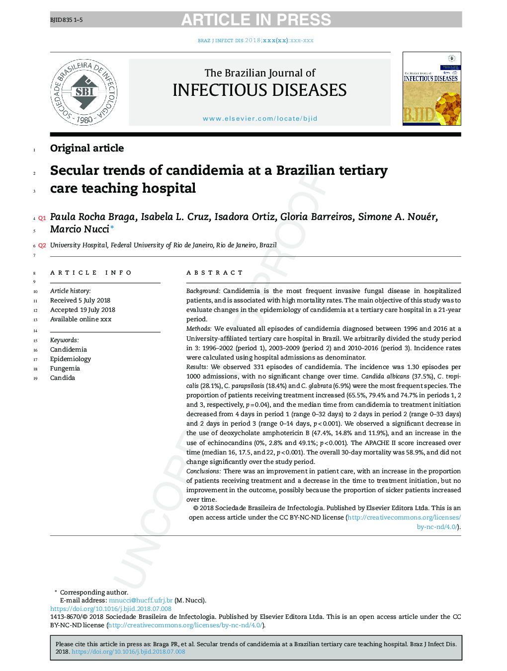 Secular trends of candidemia at a Brazilian tertiary care teaching hospital