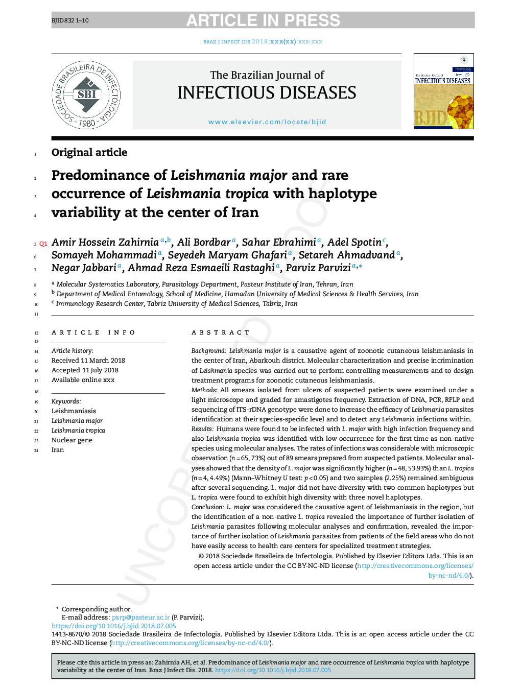 Predominance of Leishmania major and rare occurrence of Leishmania tropica with haplotype variability at the center of Iran