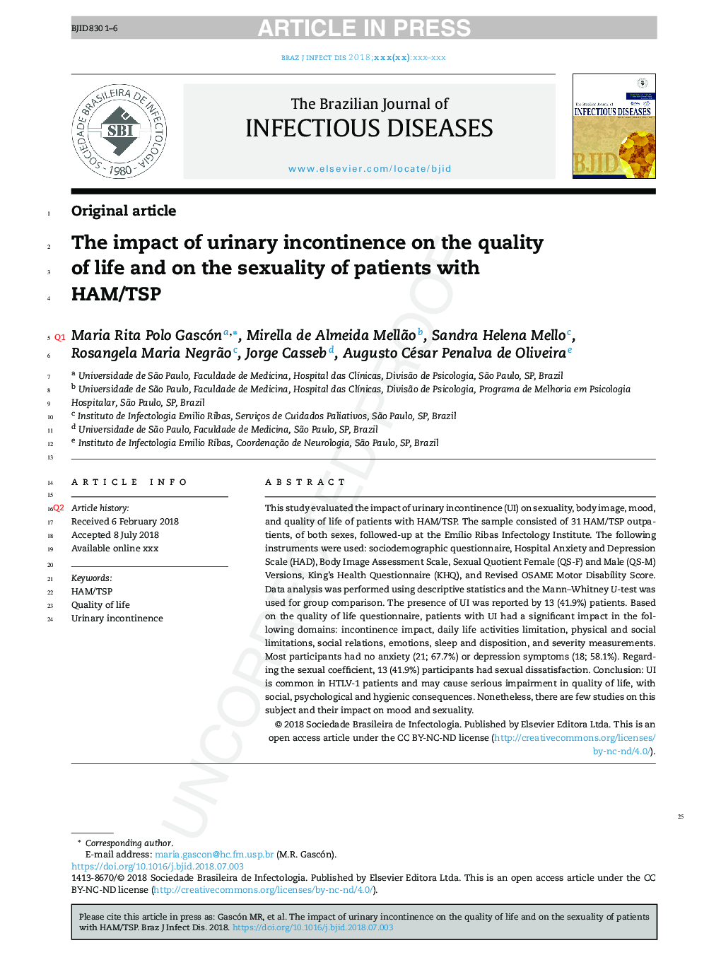 The impact of urinary incontinence on the quality of life and on the sexuality of patients with HAM/TSP