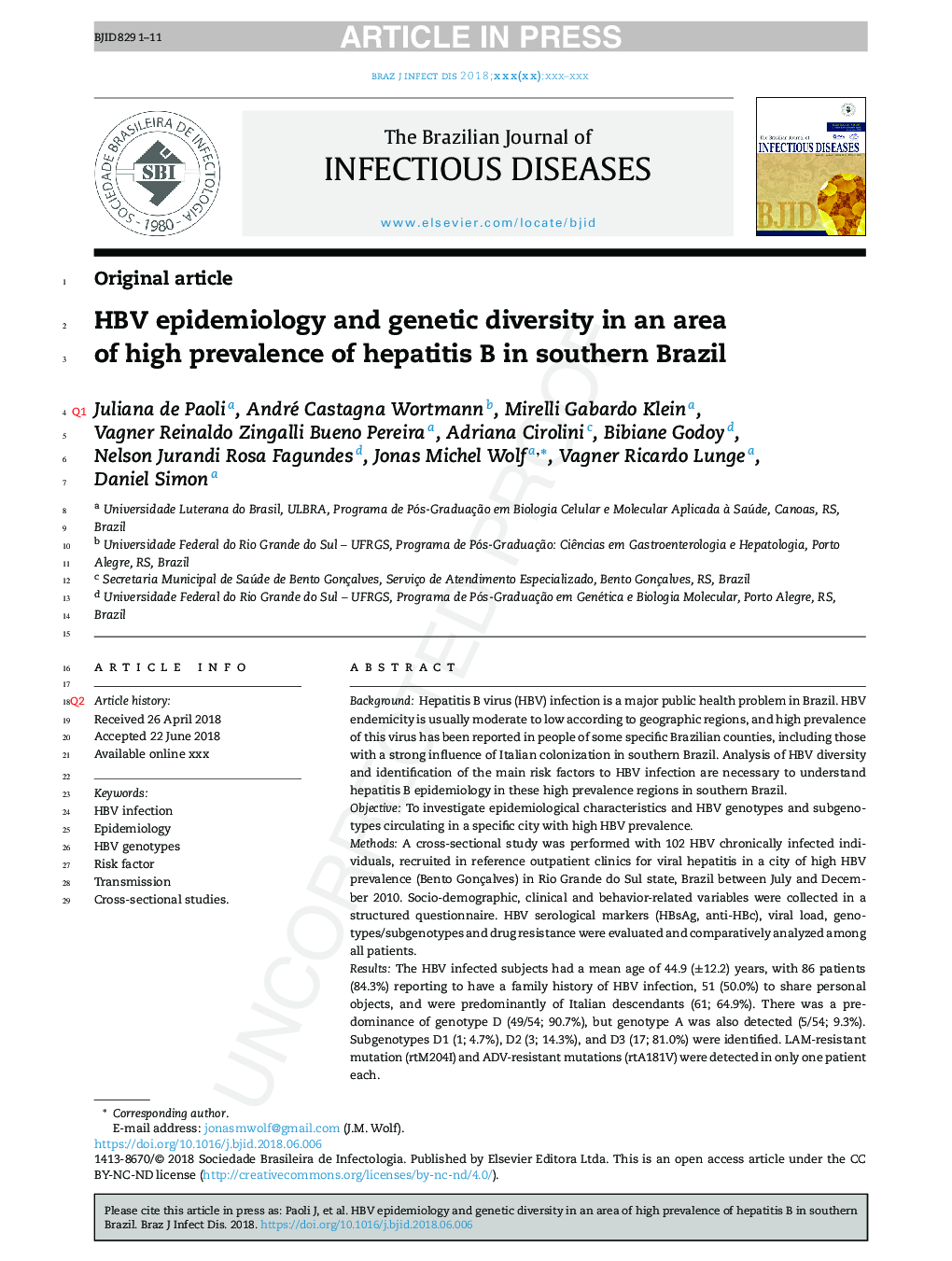 HBV epidemiology and genetic diversity in an area of high prevalence of hepatitis B in southern Brazil