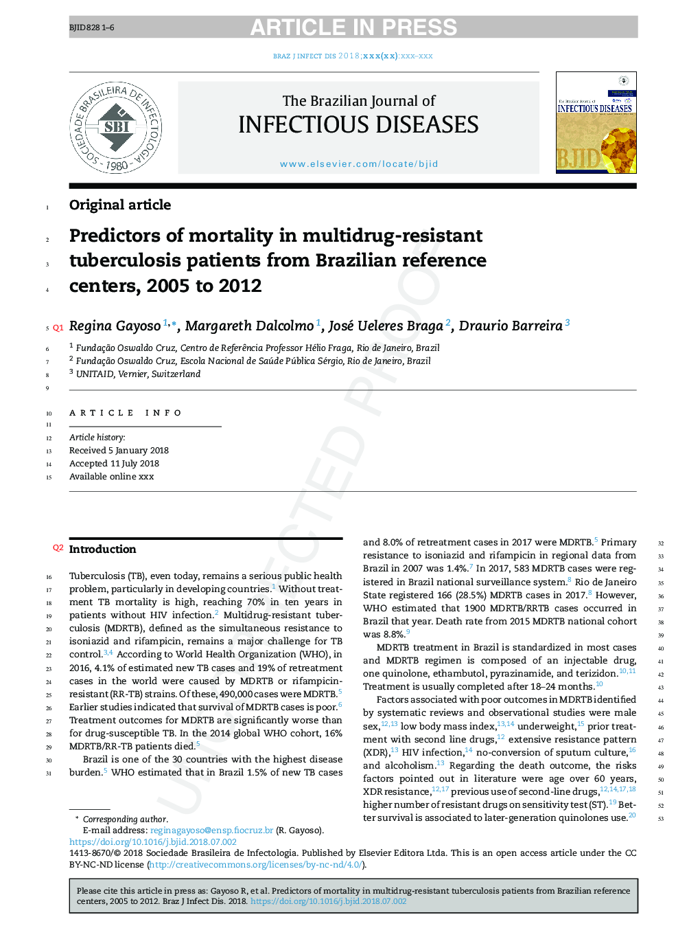 Predictors of mortality in multidrug-resistant tuberculosis patients from Brazilian reference centers, 2005 to 2012
