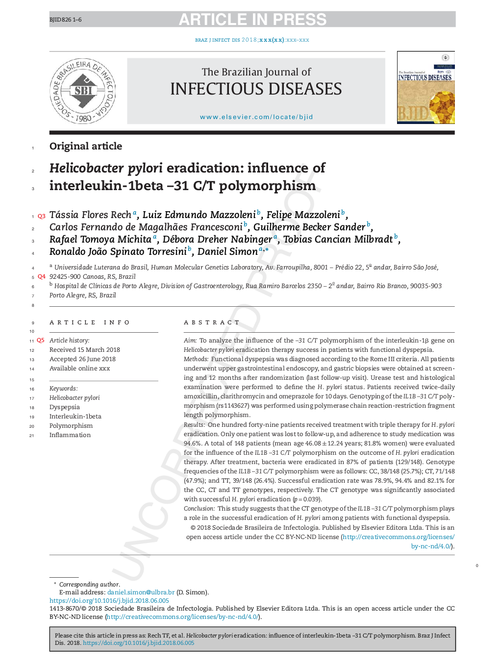Helicobacter pylori eradication: influence of interleukin-1beta -31 C/T polymorphism