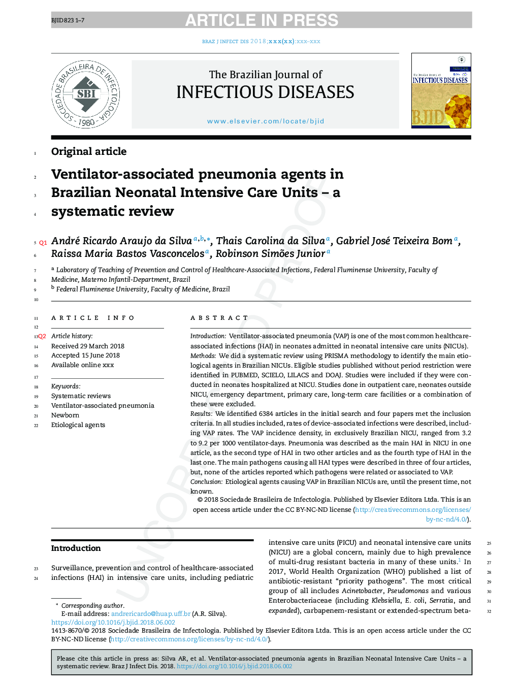 عوامل پنومونی مرتبط با تهویه مطبوع در واحد مراقبت های ویژه نوزادان برزیل - یک بررسی سیستماتیک