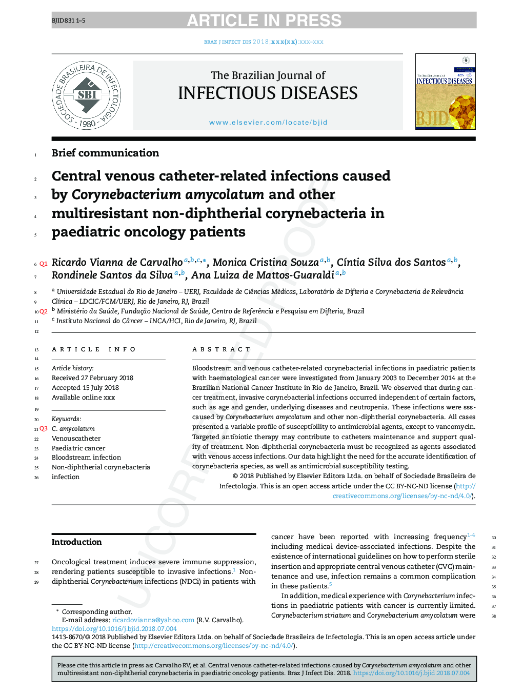 عفونت های مرتبط با کاتتر مرکزی وریدی ناشی از کورینباکتریوم آمیکولاتوم و چندین مقاوم در برابر کریبن اکریت های غیر دیفتریال در بیماران سرپایی کودکان