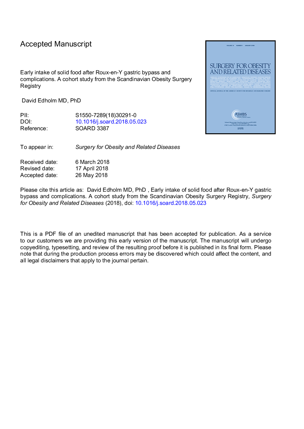 Early intake of solid food after Roux-en-Y gastric bypass and complications. A cohort study from the Scandinavian Obesity Surgery Registry