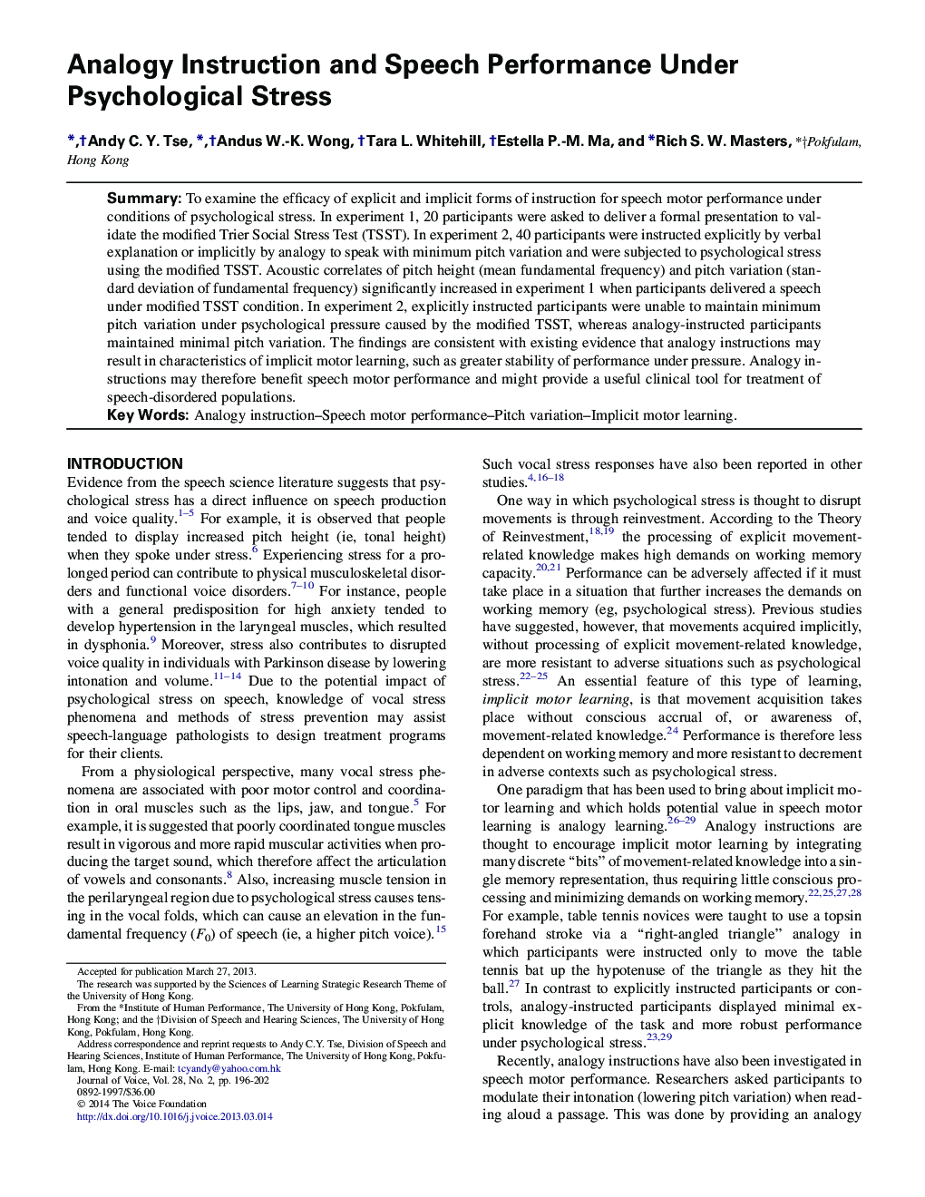 Analogy Instruction and Speech Performance Under Psychological Stress 