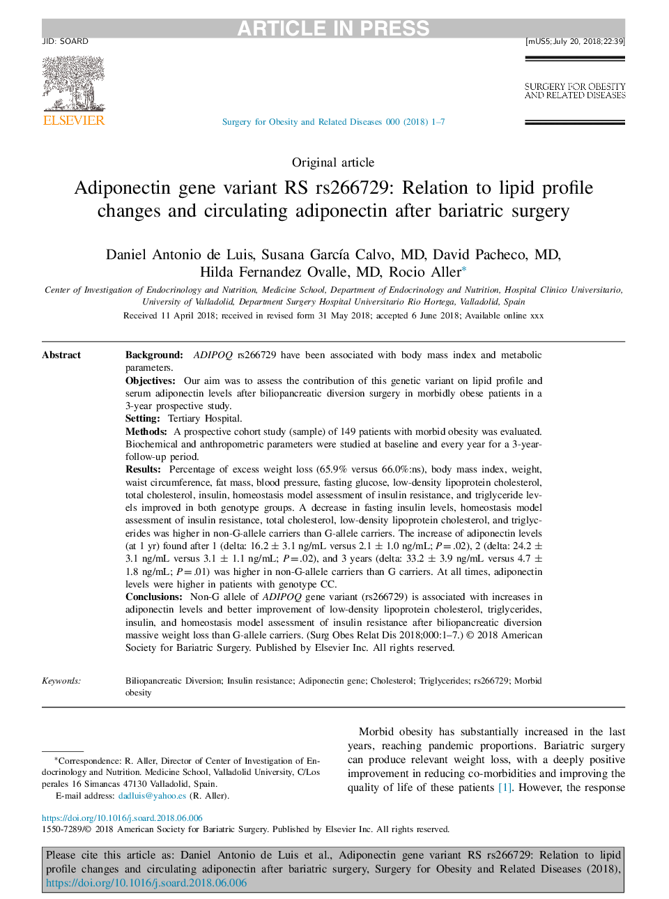 Adiponectin gene variant RS rs266729: Relation to lipid profile changes and circulating adiponectin after bariatric surgery