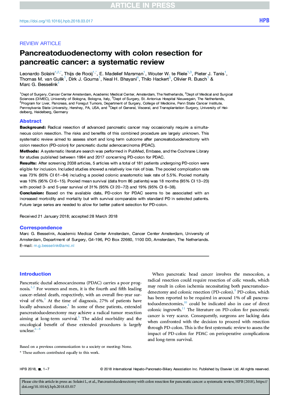 Pancreatoduodenectomy with colon resection for pancreatic cancer: a systematic review