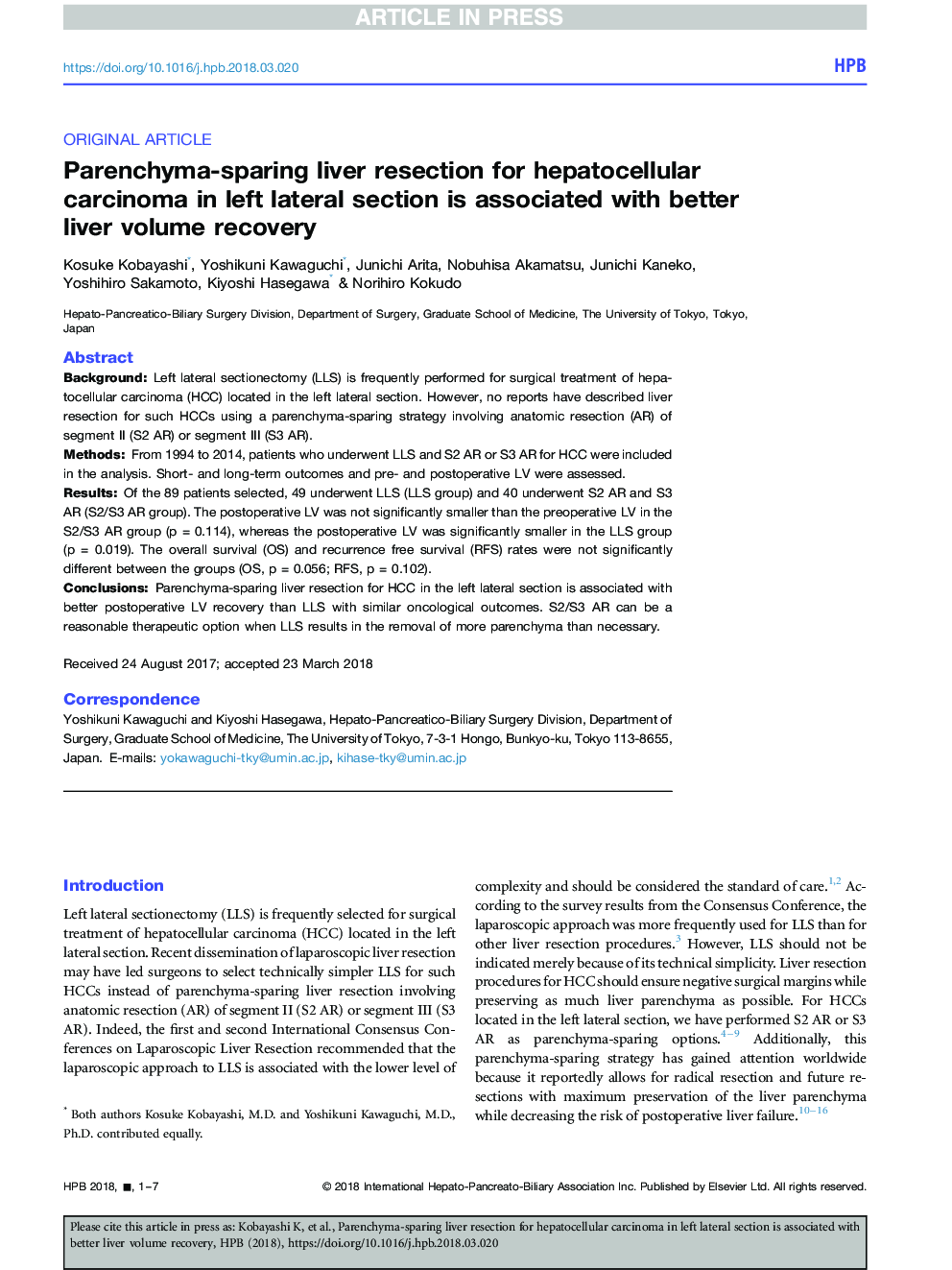 Parenchyma-sparing liver resection for hepatocellular carcinoma in left lateral section is associated with better liver volume recovery