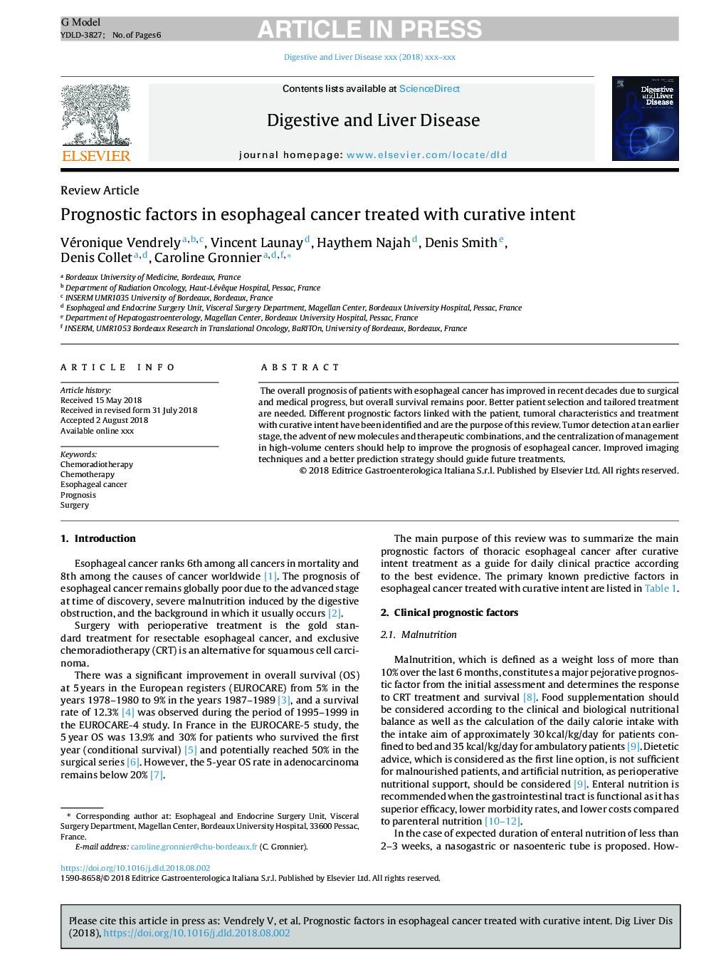 Prognostic factors in esophageal cancer treated with curative intent