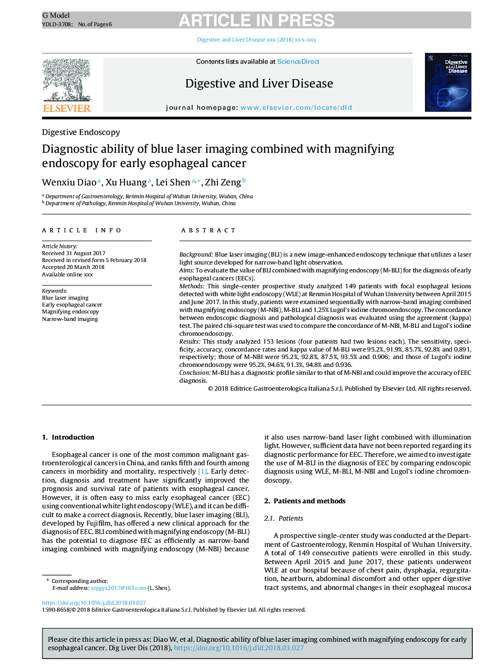 Diagnostic ability of blue laser imaging combined with magnifying endoscopy for early esophageal cancer