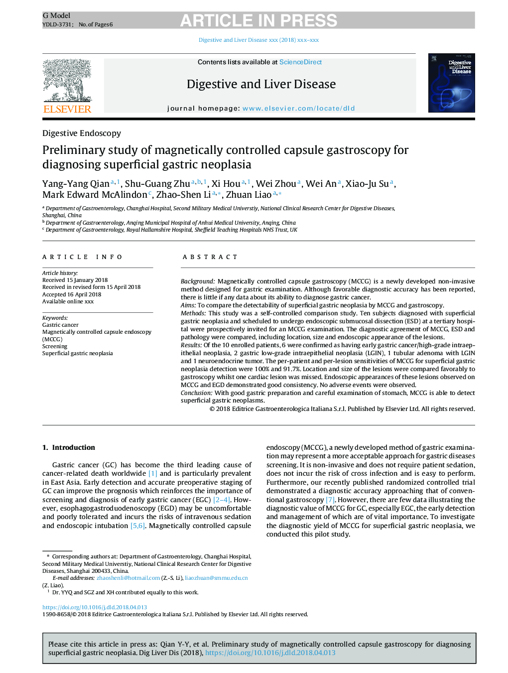 Preliminary study of magnetically controlled capsule gastroscopy for diagnosing superficial gastric neoplasia