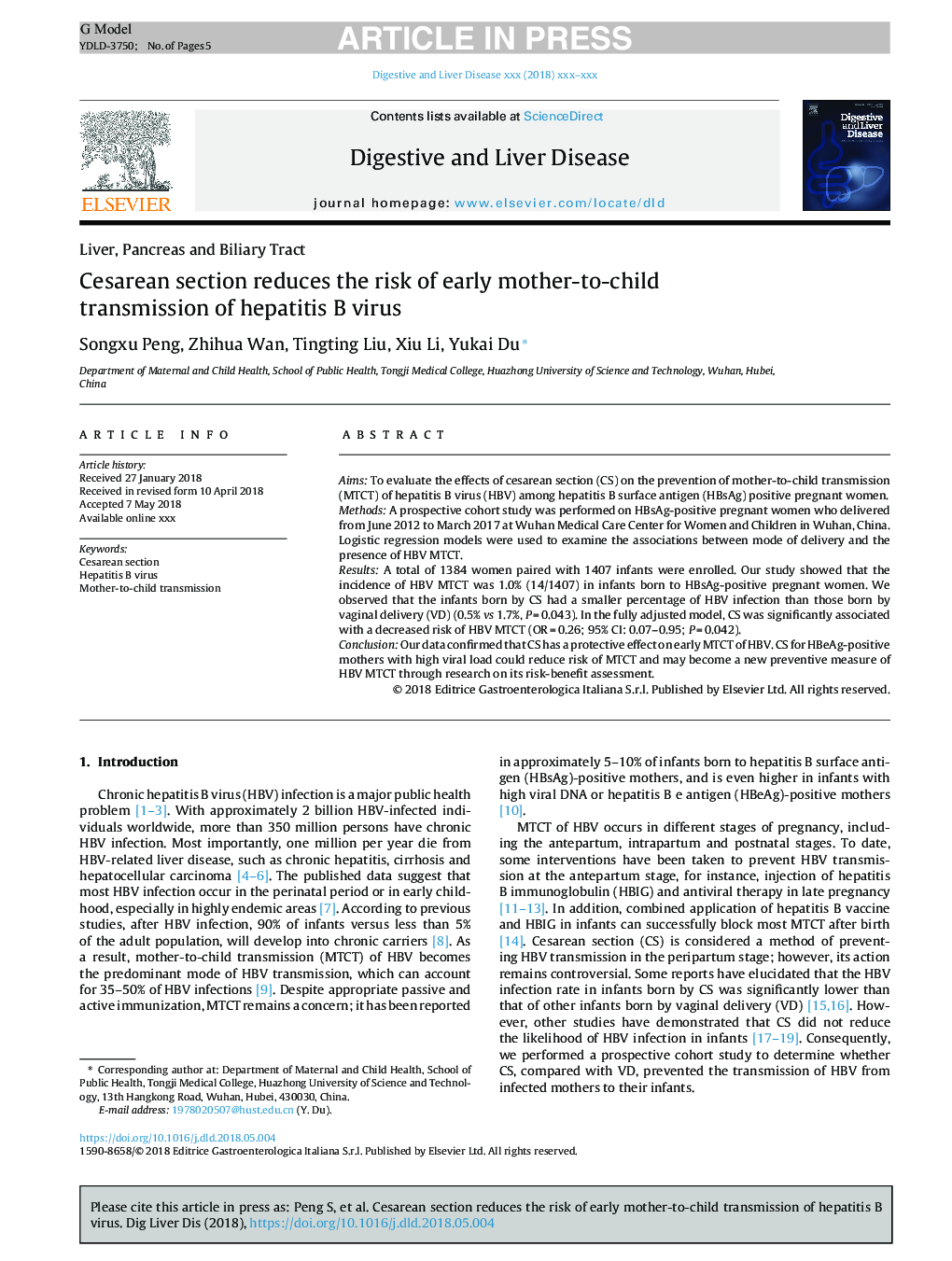 Cesarean section reduces the risk of early mother-to-child transmission of hepatitis B virus